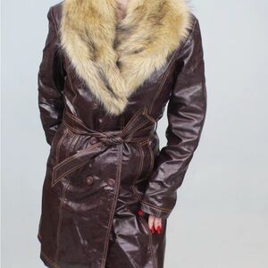 Women's Brown Leather Coat with Faux Fur Collar